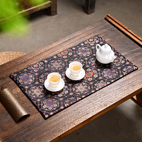 复古团花织锦茶席中式茶桌布