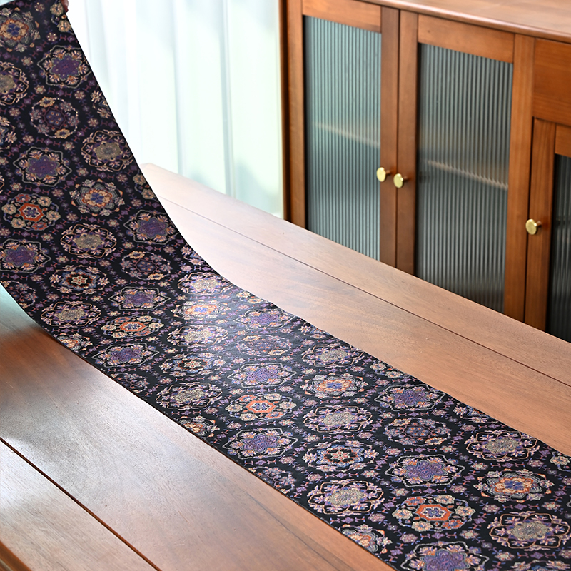 复古团花宝相花麂皮绒长条茶席