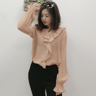 上衣女2019春季 薄款 新款 喇叭长袖 微透休闲打底防晒衬衣潮 韩版 时尚