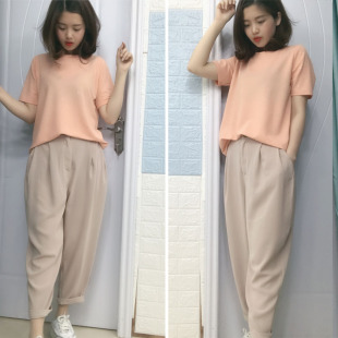 新款 休闲烟管裤 简寸亚麻哈伦裤 大码 女百搭小脚九分裤 2019春季