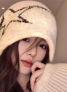 美式复古卷边针织堆堆帽大头围显脸小冷帽女款2025新款百搭毛线帽