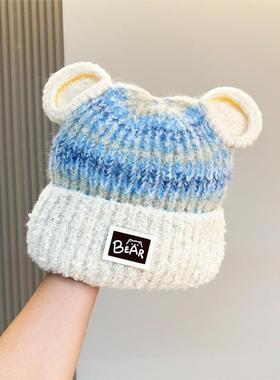 日系新款可爱小熊耳朵针织毛线帽子女秋冬加厚保暖防寒护耳套头帽