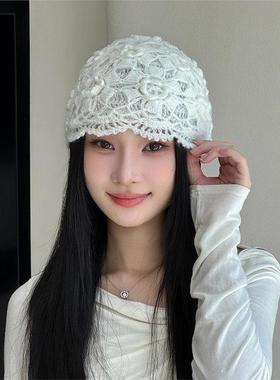 复古双层手工钩花包头帽秋冬保暖百搭针织帽时尚套头毛线帽子女潮