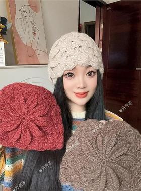 新款时尚侧边大花包头帽)秋冬马海毛手工钩织气质大花朵针织帽子