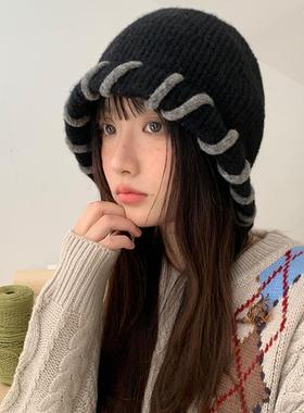 韩版拼色绑带百搭毛线帽子女冬季保暖护耳显脸小针织帽时尚包头帽