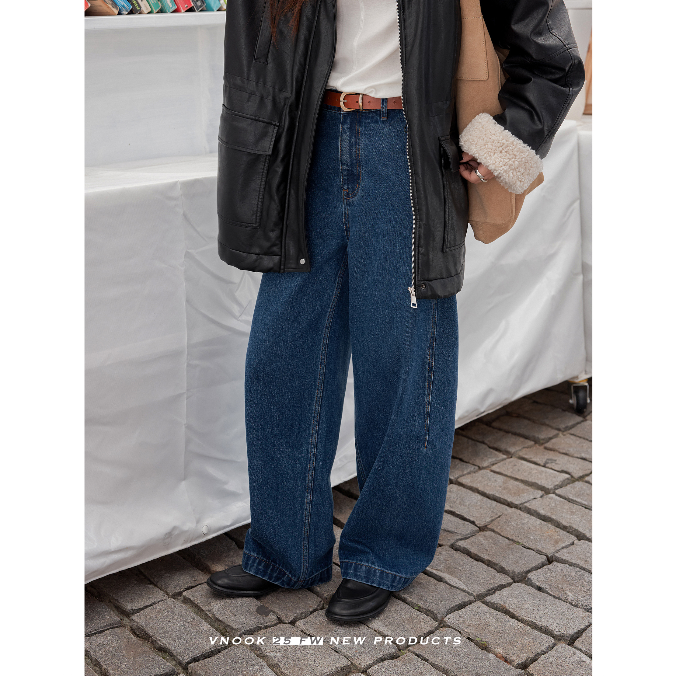 全棉牛仔中腰弧形宽松长牛仔裤