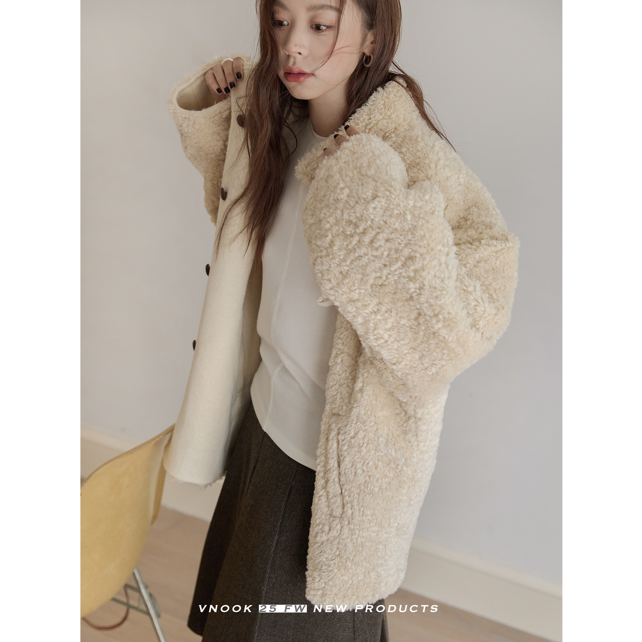 双面两穿立领羊羔毛长款大衣