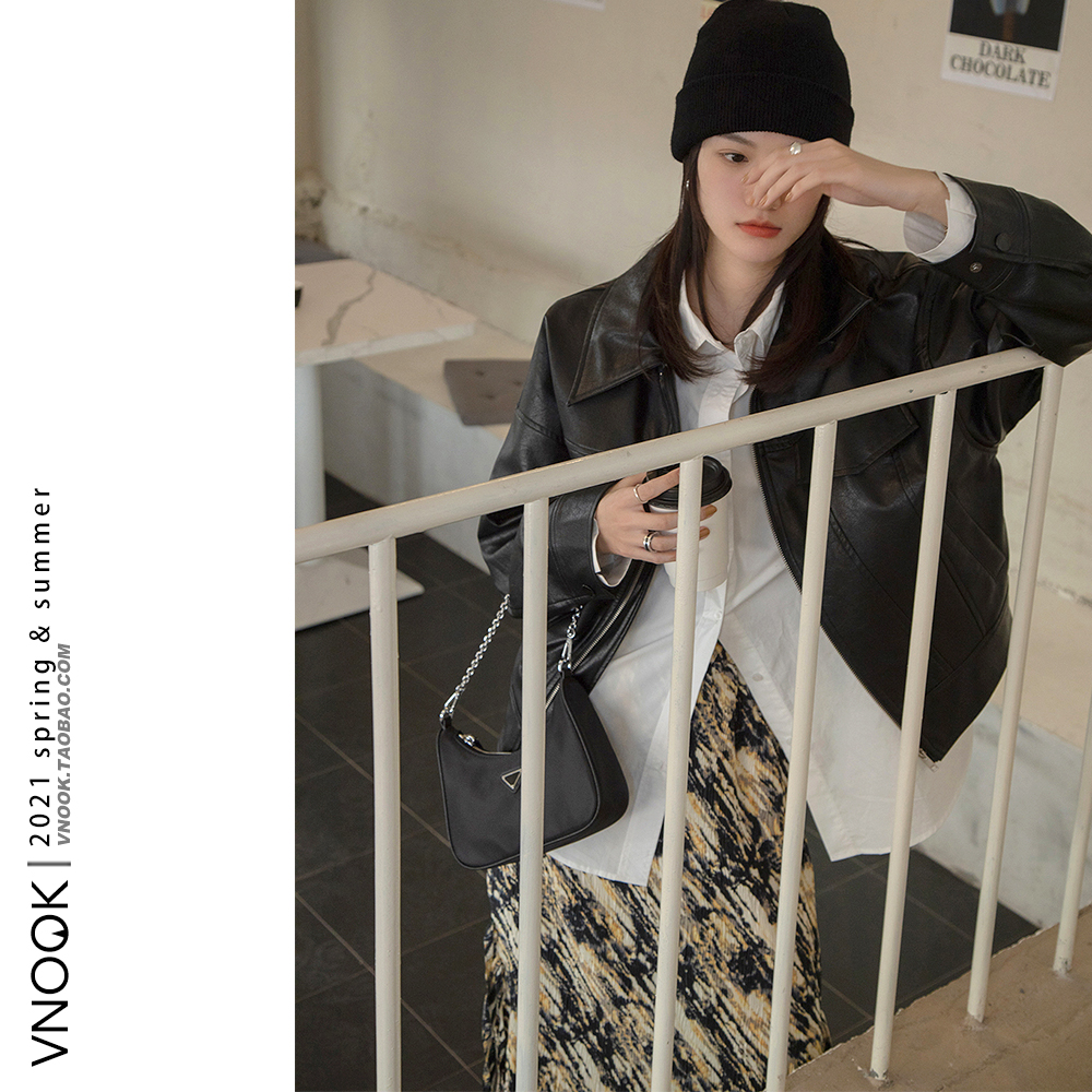 VNOOK 机车外套女2021早春新款洗水韩版时尚洋气宽松pu夹克皮衣
