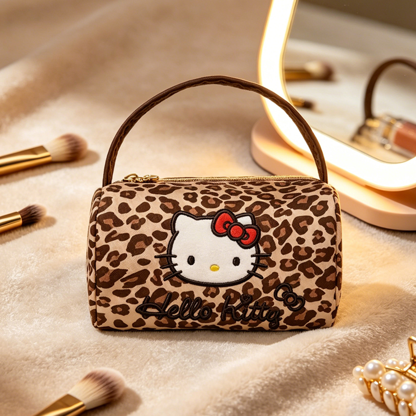 三丽鸥Hellokitty手提化妆包豹纹可爱韩系随身便携旅行外出收纳女
