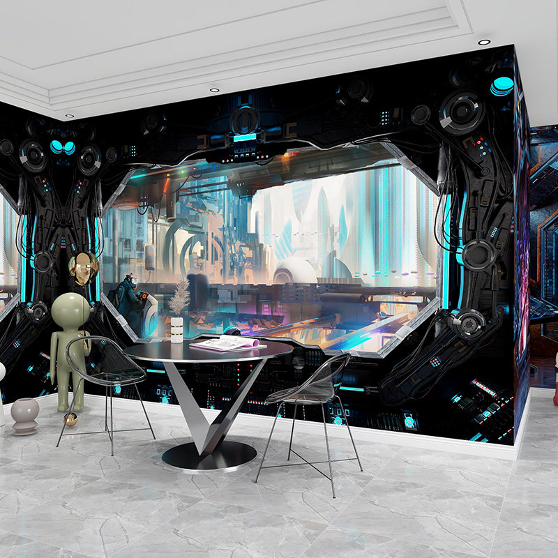 3d赛博朋克工业风科技感墙纸网咖ktv电竞馆酒店vr体验馆墙布壁纸