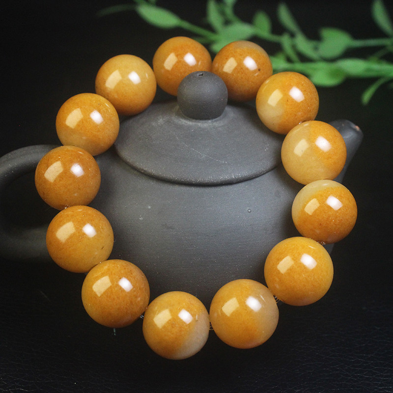 正品桂林鸡血玉地黄料手串手链男款黄色a货带证书玉佛珠18mm