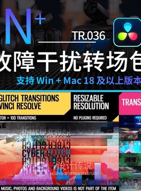 故障干扰音效4K视频素材+达芬奇转场模板 Cyber Glitch Transitio