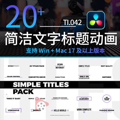 达芬奇模板预设插件 20个简洁文字标题动画 Simple Titles Pack