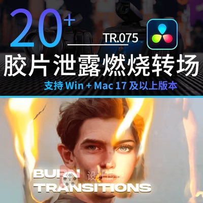 达芬奇转场 胶片泄露烧纸火焰 20个 Burn Transitions 模板预设