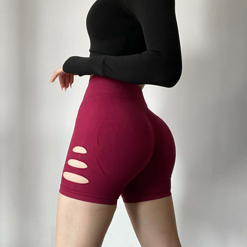 欧美破洞显臀健身短裤高腰提臀运动健身三分裤蜜桃臀撸铁瑜伽裤