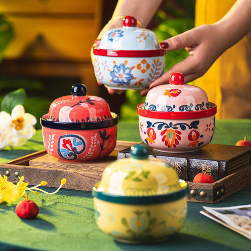 手绘一人份汤盅带盖水蒸蛋燕窝专用炖盅甜品碗家用陶瓷隔水炖瓦罐