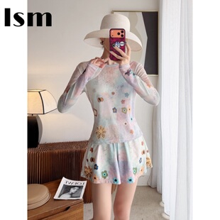 三件套 罩衫 多巴胺风印花分体泳衣女长袖 防晒显瘦花朵扎染游泳装