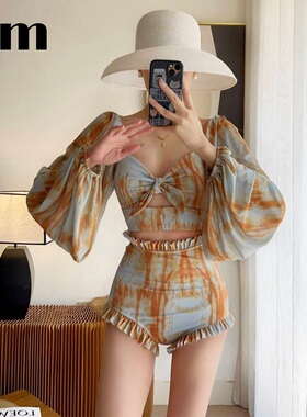 泳衣女款2024年新款爆款小胸保守防晒长袖高腰遮肚显瘦温泉泳装夏