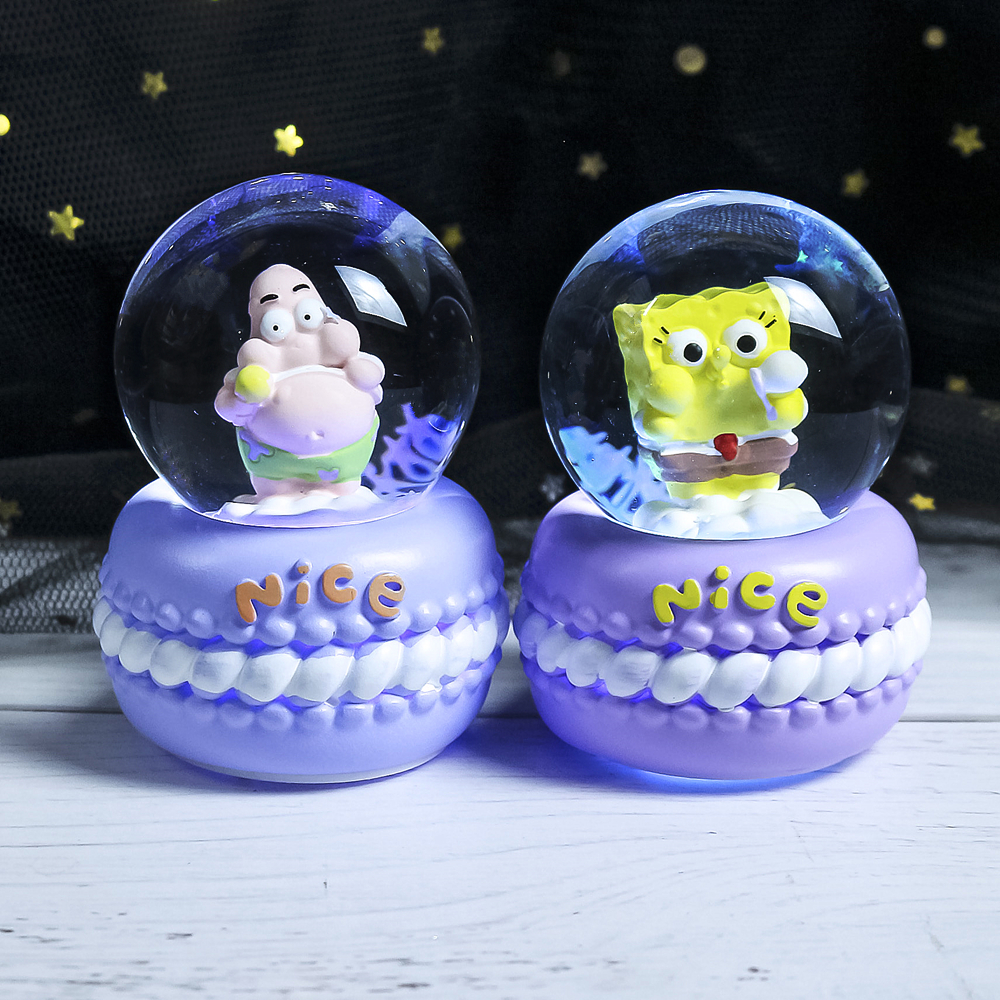 卡通海绵宝宝闪灯树脂音乐盒水晶球摆件雪花儿童女生闺蜜生日礼物