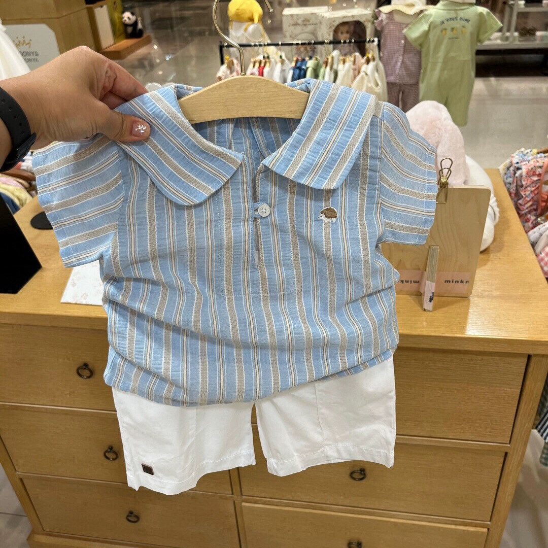 巧克力24夏款男宝宝童装蓝色条纹翻领轻薄棉麻柔软短袖短裤套装O7
