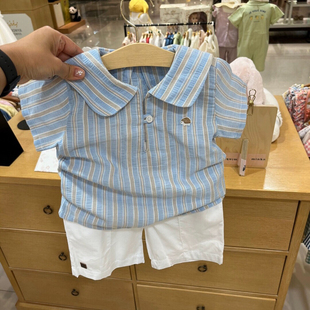巧克力24夏款男宝宝童装蓝色条纹翻领轻薄棉麻柔软短袖短裤套装O7