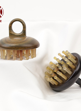 承善堂三代绿檀木指环梳按摩梳子便携细齿圆盘羊角头部经络钉钉梳