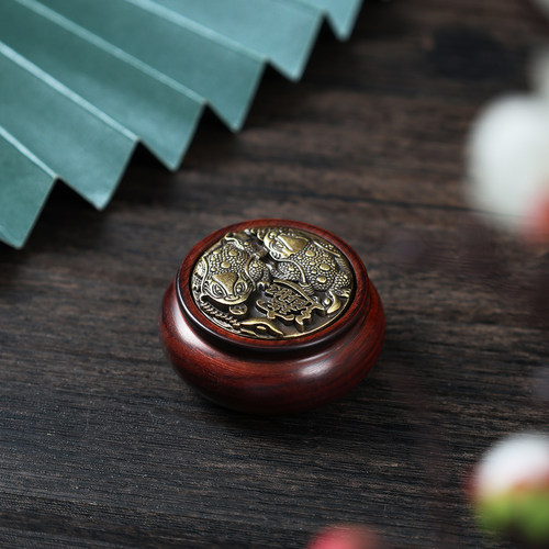 聚宝盆双面转动赚钱紫檀黄铜把件