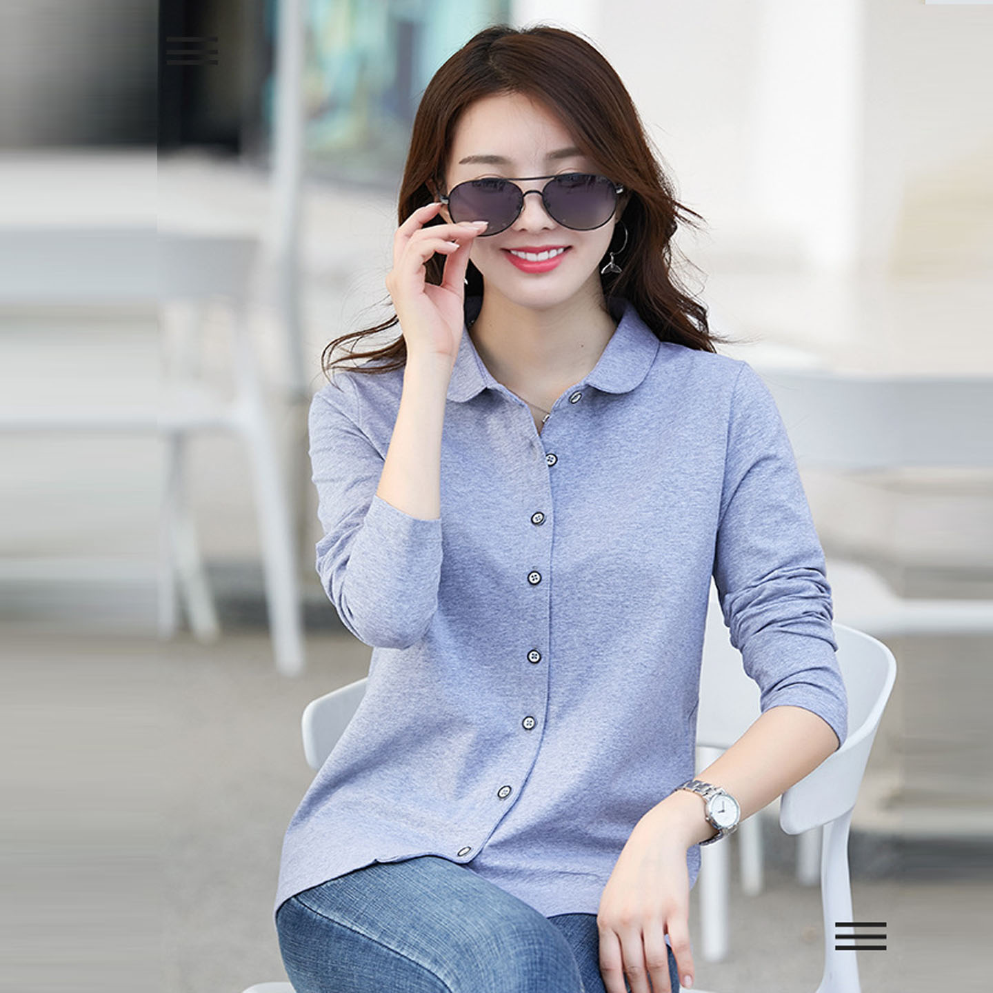 纯棉长袖t恤衬衫女秋装中老年人小翻领上衣服休闲妈妈装棉质开衫