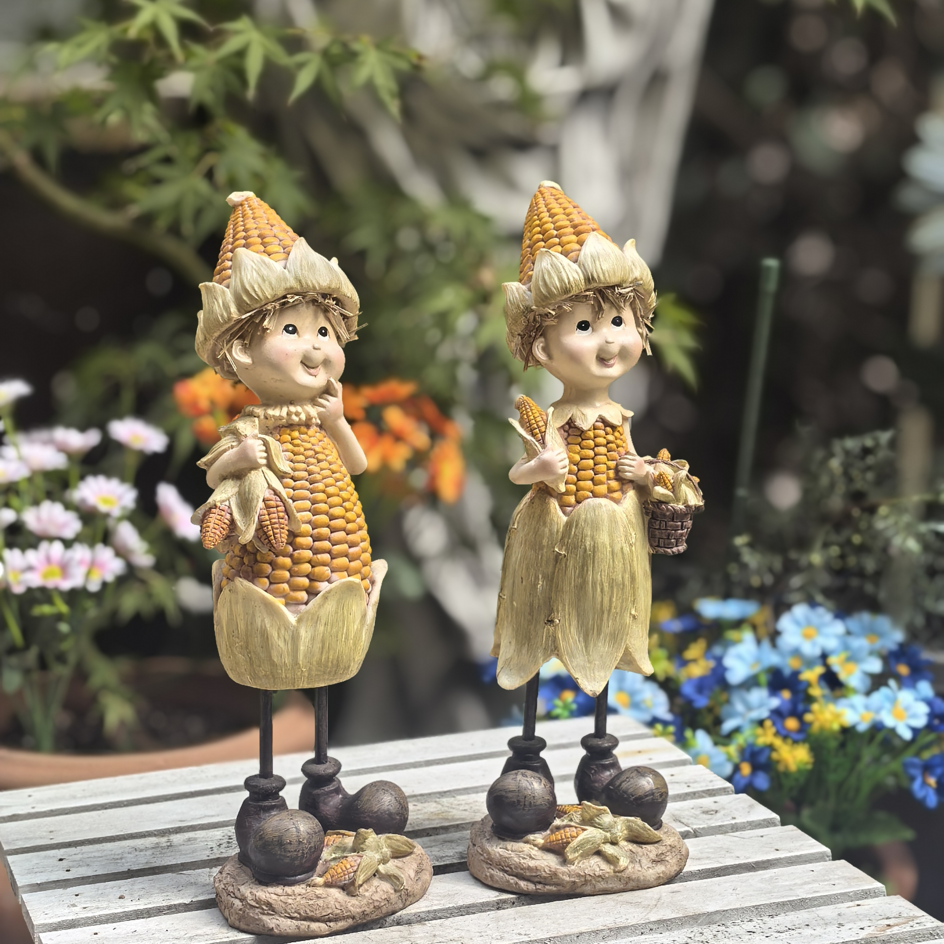 外贸乡村田园丰收系列30cm高玉米娃娃花园摆件情侣树脂材质