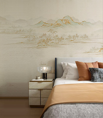 新中式国画山水壁布客厅电视背景墙壁纸卧F室墙布装饰墙纸定制壁
