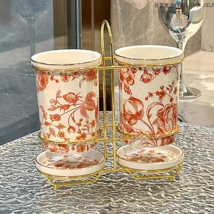 轻奢高级感陶瓷沥水家用筷子筒厨房沥水置物架台面筷子勺子收纳盒