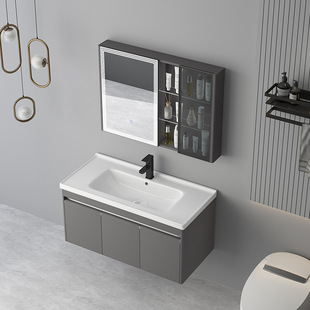 304不锈钢一体陶瓷盆奶油色浴室柜洗手台智能镜柜卫浴柜洗手 新款