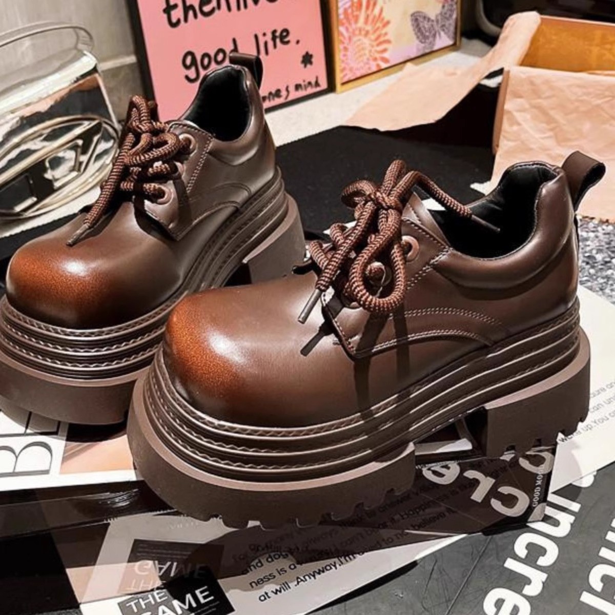 欧货真皮三层底乐福鞋8cm厚底小个子走秀款JK小皮鞋擦色大头女鞋