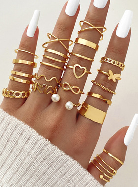 跨境电泳黑蝴蝶镶钻戒指混批珍珠戒指女小众高级关节戒指23件套装