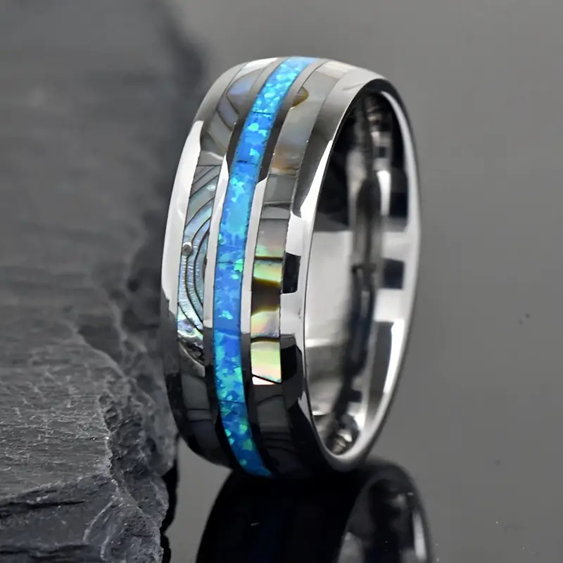 新款不锈钢男士钨碳化钻石结婚戒指，蓝色模仿翡翠珍珠订婚戒指2.