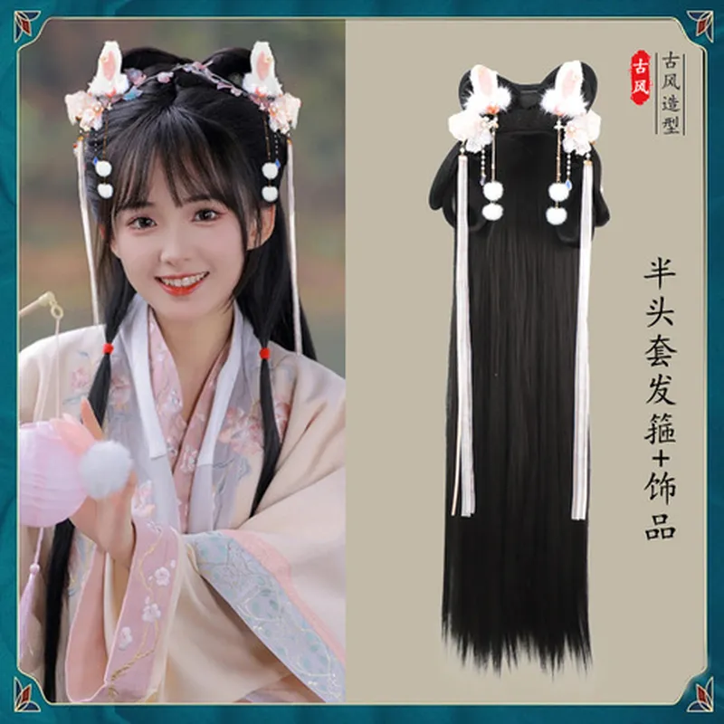 组合发箍假发COS一体式唐风头套女襦裙假发包汉服头饰古风假发
