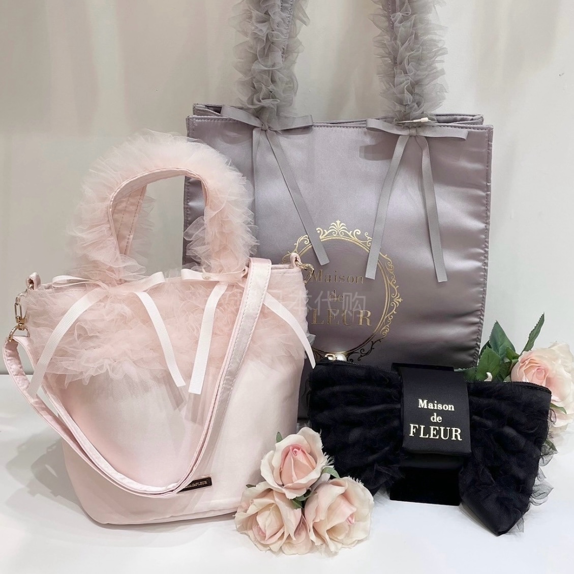 玫瑰日代 现货Maison de Fleur梦幻纱纱蝴蝶结缎面手提斜挎单肩包