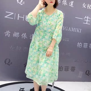 3115花比傲夏季新款韩版宽松显瘦胖MM大码女装防晒袖圆领潮连衣裙