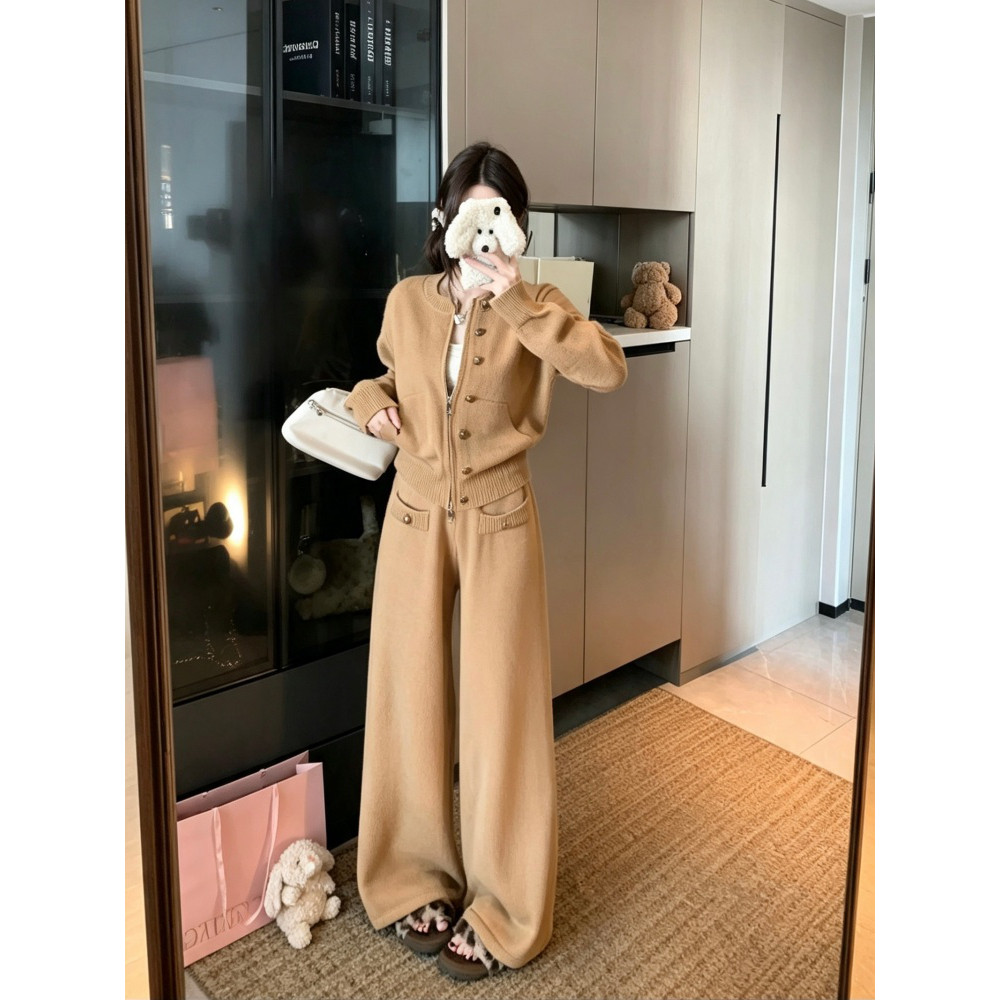 时尚气质套装女秋冬复古慵懒风加厚针织毛衣开衫休闲阔腿裤两件套