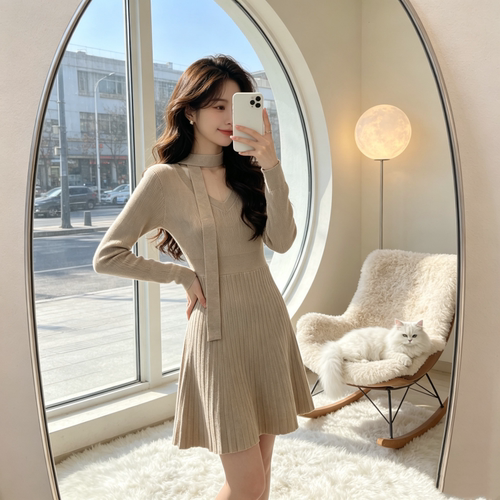 Q女家温与柔 气质少女感系带V领修身连衣裙富家千金miu系穿搭秋冬