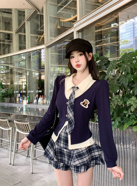 韩系学院风短裙套装女春jk制服鞋蓝色假两件上衣两件套学生格子裙