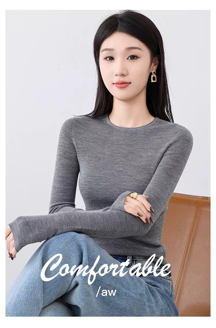 秋冬超细扬子纱精纺100%纯羊毛女圆领撞色毛衣修身显瘦针织打底衫
