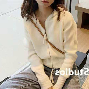 新款羊毛双拉链连帽针织开衫外套女秋冬修身纯色高腰短款长袖上衣