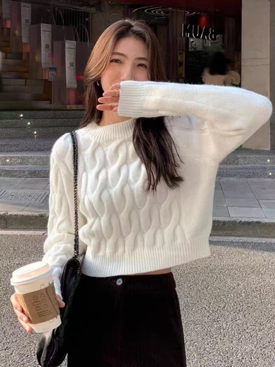短款麻花加厚毛衣女秋冬100%纯羊毛针织羊绒衫高腰套头针织羊绒衫