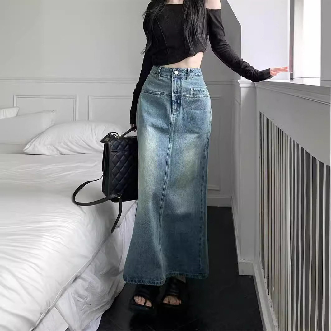 新款复古开叉牛仔半身裙女高腰显瘦港风小个子中长款a字包臀裙女