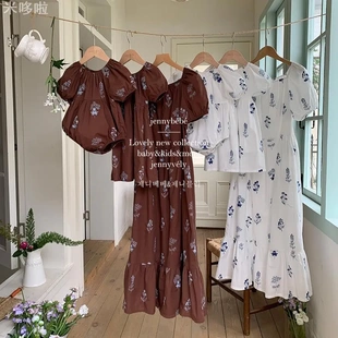 Jennybebe夏ins韩版亲子装婴童洋气刺绣花爬服女宝宝泡泡袖连衣裙