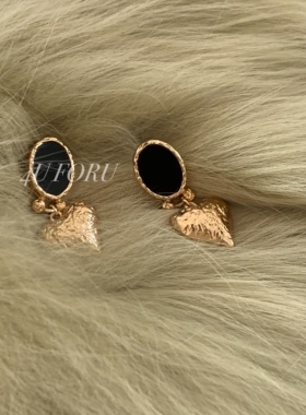 Vintage中古风黑玛瑙耳环复古高级感925银针爱心耳坠立体浮雕设计