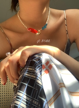 23/ss 韩国童趣猪鼻爱心蓝红撞色真珍珠锁骨项链