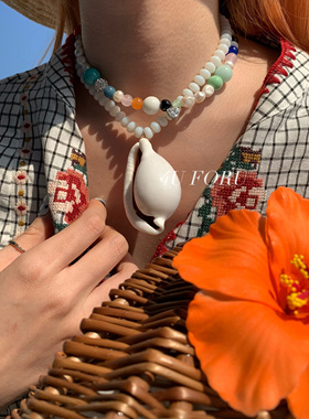 时尚简约设计感天然串珠项链白色大海螺博主同款搭配配饰项链