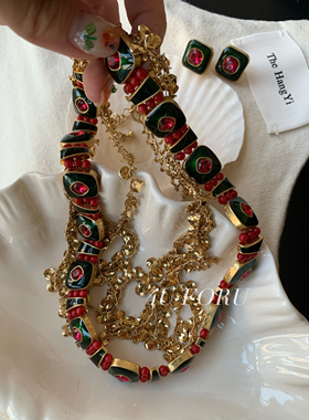 中古复古撞色合金绿珐琅方糖项链耳环首饰套装